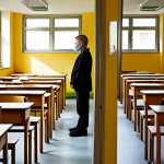**Prompt:** A split image representing the transformation in Polish school discipline. On one side, depict a traditional, rigid classroom with a child looking isolated and sad, perhaps facing a wall or sitting alone at a desk, symbolizing punishment and lack of understanding. The colors are muted and sterile. On the other side, a warm, inviting classroom where students and teachers are seated in a restorative circle, actively engaging in dialogue, showing empathy and connection. The colors are vibrant and hopeful, with sunlight streaming in, symbolizing progress and healthy relationships. Subtle elements of Polish school architecture or interior design can be included.