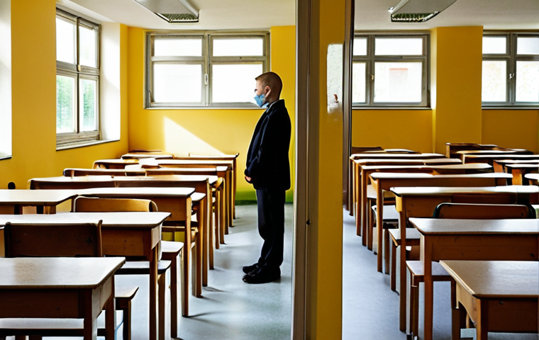 **Prompt:** A split image representing the transformation in Polish school discipline. On one side, depict a traditional, rigid classroom with a child looking isolated and sad, perhaps facing a wall or sitting alone at a desk, symbolizing punishment and lack of understanding. The colors are muted and sterile. On the other side, a warm, inviting classroom where students and teachers are seated in a restorative circle, actively engaging in dialogue, showing empathy and connection. The colors are vibrant and hopeful, with sunlight streaming in, symbolizing progress and healthy relationships. Subtle elements of Polish school architecture or interior design can be included.
